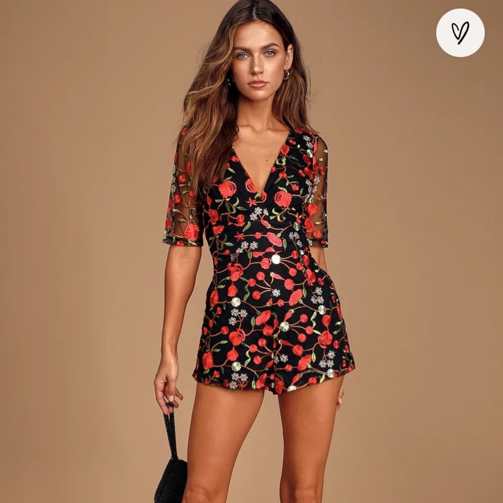 Lulus Black Multi Floral Embroidered Romper